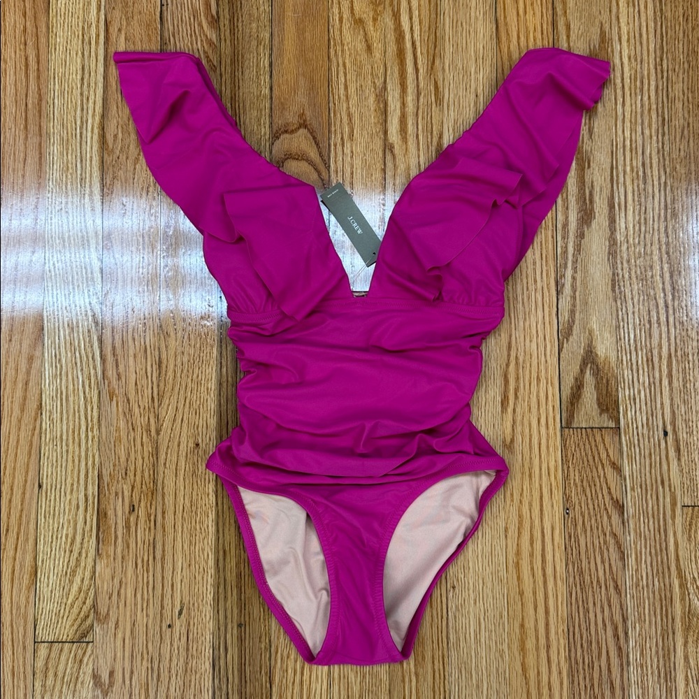 J. Crew Ruffled Deep V-Neck One-Piece Swimsuit Bright Fuchsia NWT Style #BP222